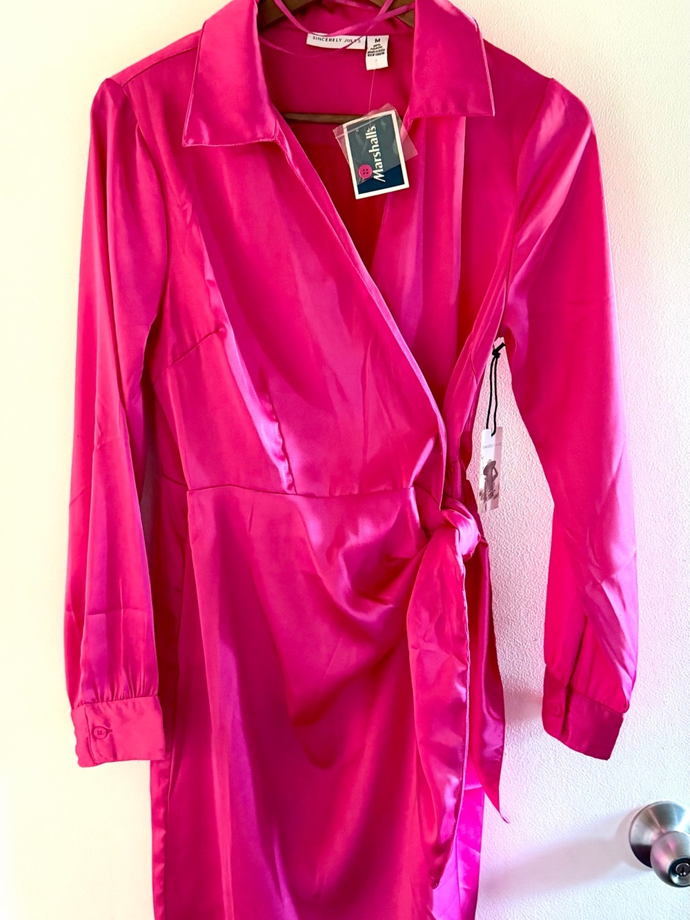 Sincerely Jules Fuchsia Pink Satin Wrap Midi Dress